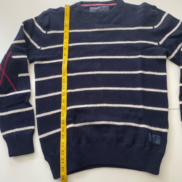 GANT Crew Neck Lambswool Navy Striped Sweater Padded Elbows Sz Large - Picture 14 of 16